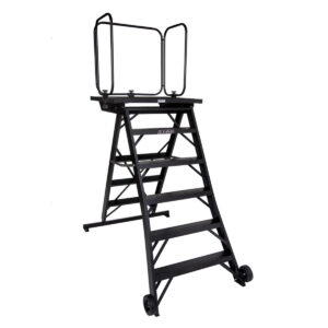Black jarvis 62 inch marching band podium with safety rails, left three-quarters