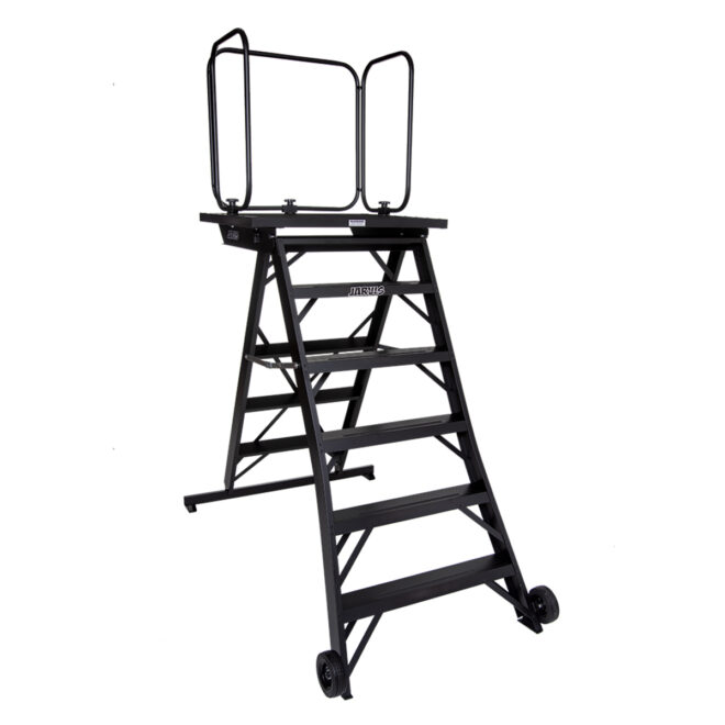 Black jarvis 62 inch marching band podium with safety rails, left three-quarters