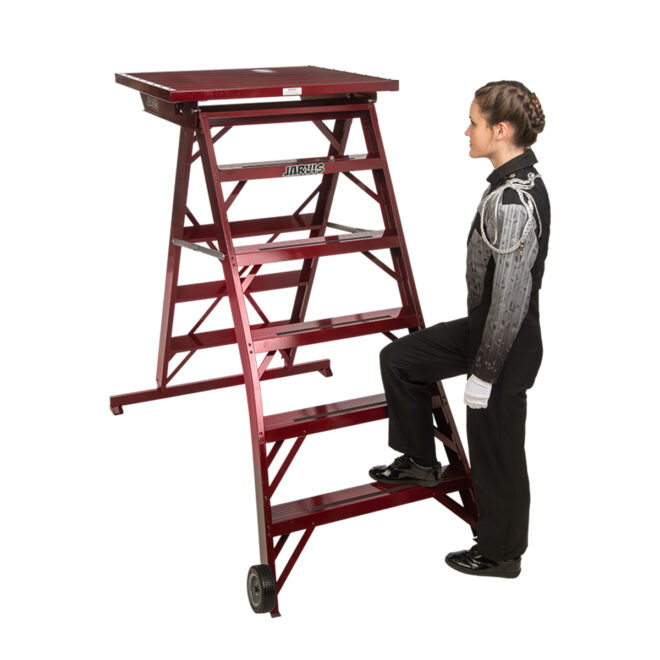 Maroon jarvis 62 inch marching band podium with model for size comparison