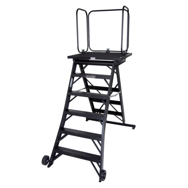Black jarvis 62 inch marching band podium with safety rails, right three-quarters