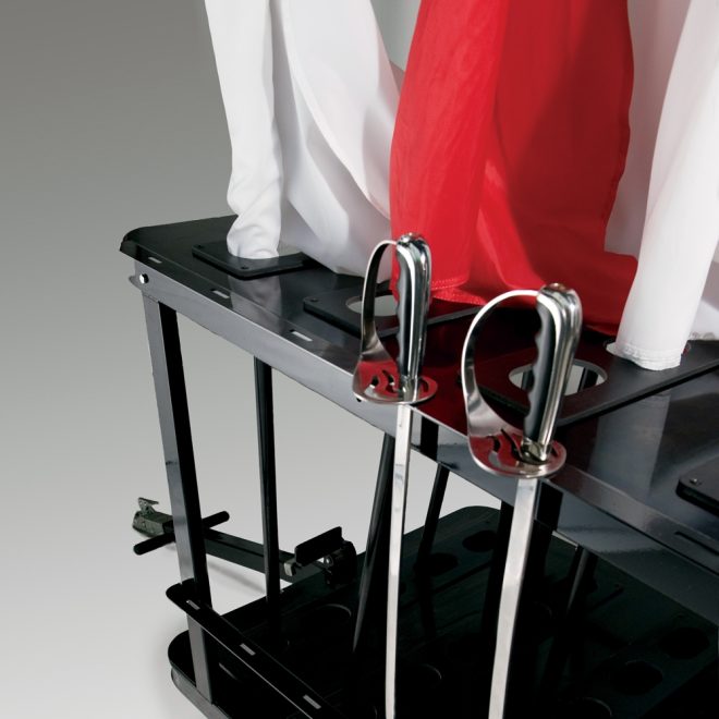 stageright flag cart sabre attachment with flags, sabres, and rifles close up