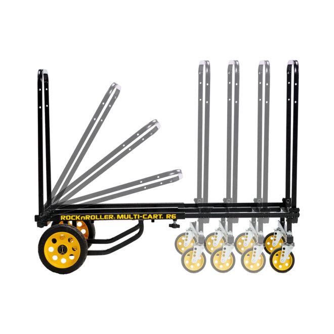 rock n roller r6rt mini multi cartin extended position with foldable handles and yellow wheels, shown in multiple angles of transformation