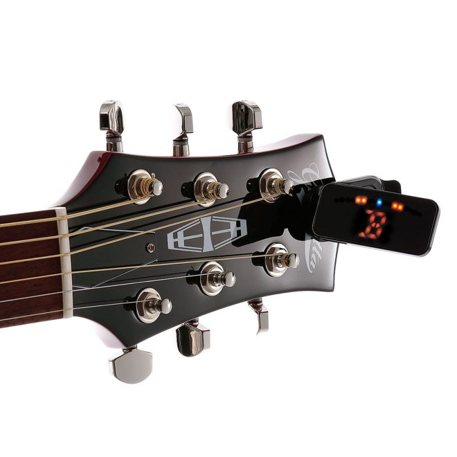 korg pitchclip 2 plus clip on tuner attached to guitar