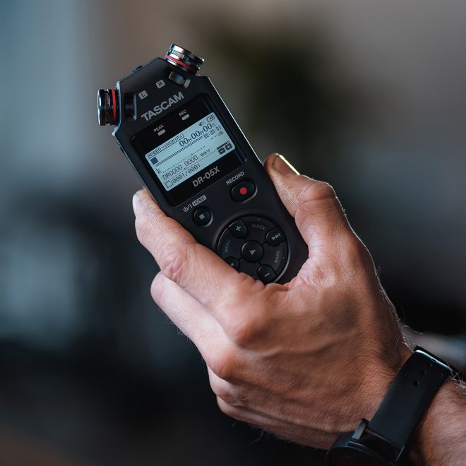 tacsam handheld audio recorder dr05x in hand