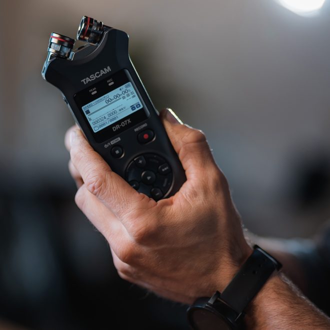 tacsam handheld audio recorder dr07x in hand