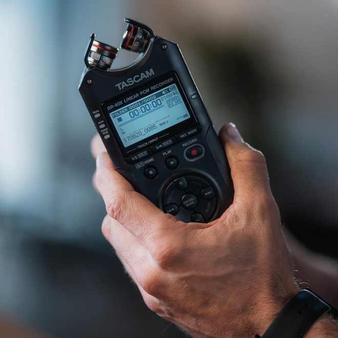 tacsam handheld audio recorder dr40x in hand