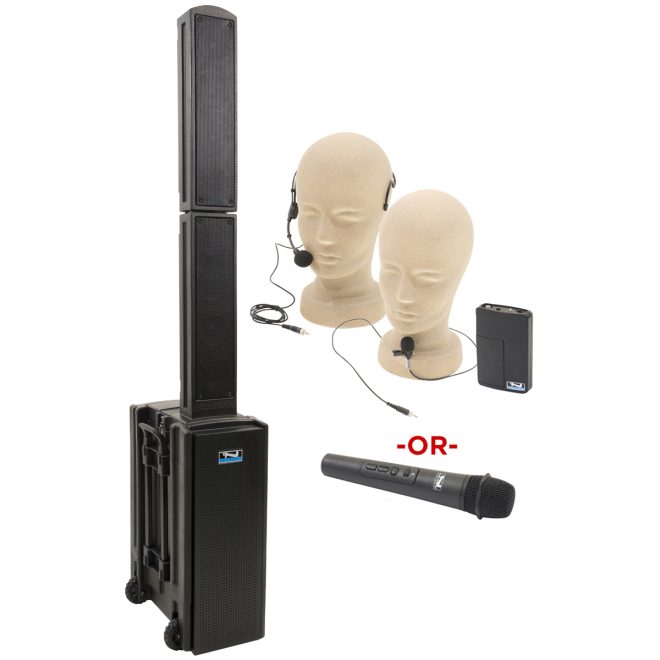 anchor audio beacon 2 basic package speakers fanned out with mic options of lapel, handheld, and headband