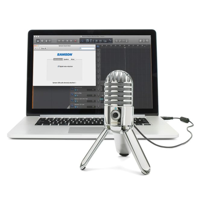 samson meteor usb condensor microphone connected to computer