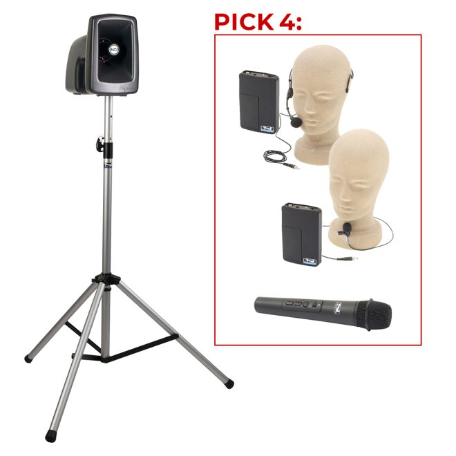 anchor audio megavox 2 deluxe air package on stand with mic options of lapel, handheld, and headband