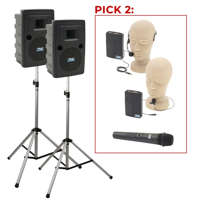 anchor audio liberty 2 deluxe air on stands with mic options of handheld, lapel, and headband