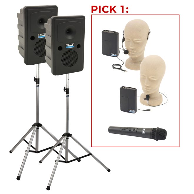 anchor audio go getter 2 deluxe air on stands with mic options of handheld, lapel, and headband