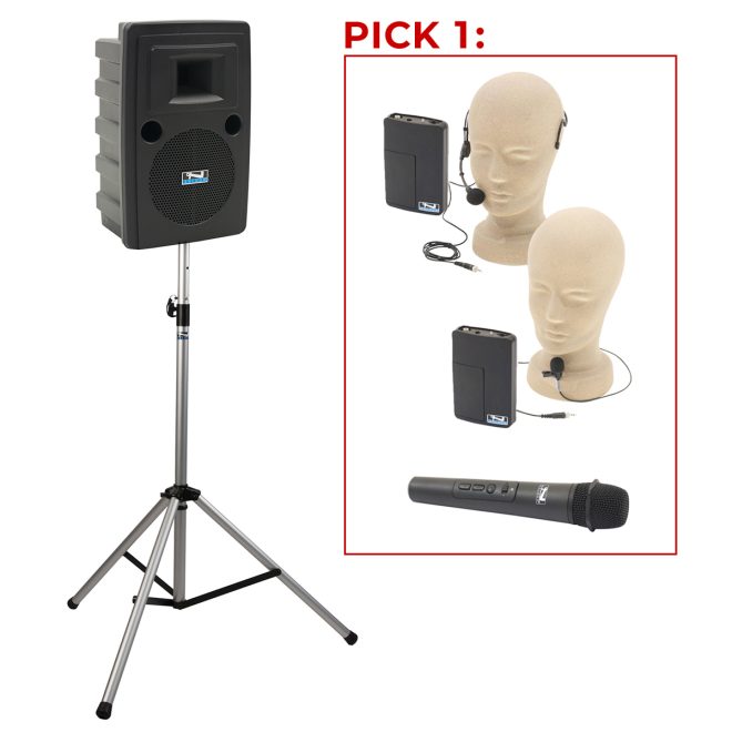 anchor audio liberty 2 basic package on stand with mic options of handheld, headband, and lapel