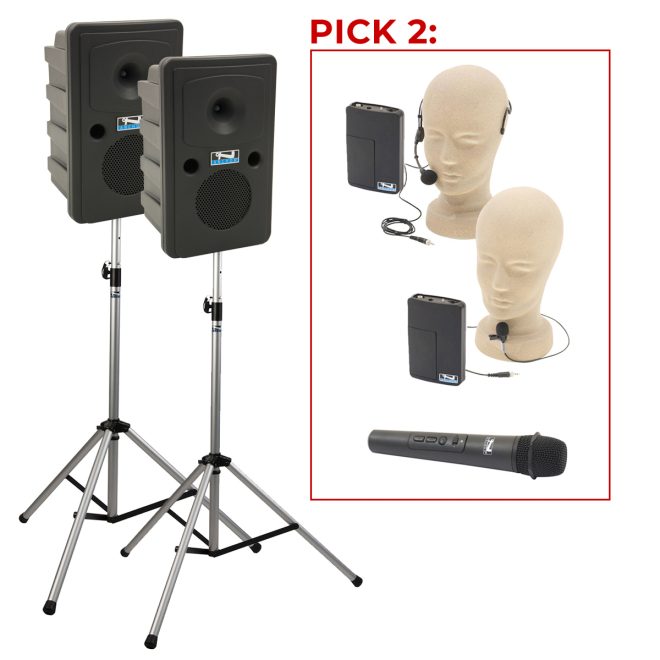 anchor audio go getter 2 deluxe air on stands with mic options of handheld, lapel, and headband