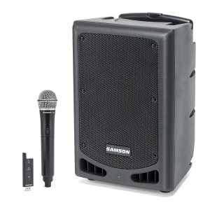 samson expedition xp208w portable pa front view with microphone and USB