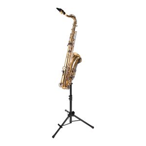 black gator tall stand for alto tenor saxophone holding gold sax