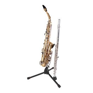 black gator stand for alto tenor sax with attachment holding gold sax and silver flute