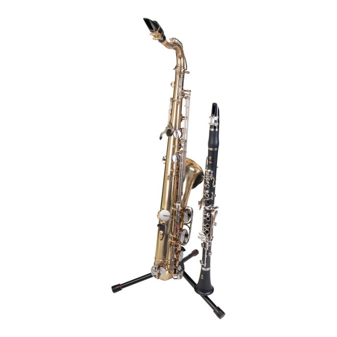 black gator stand for alto tenor sax with attachment holding gold sax and black clarinet