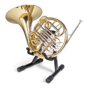black gator A frame stand for standard size french horn front view holding gold instrument