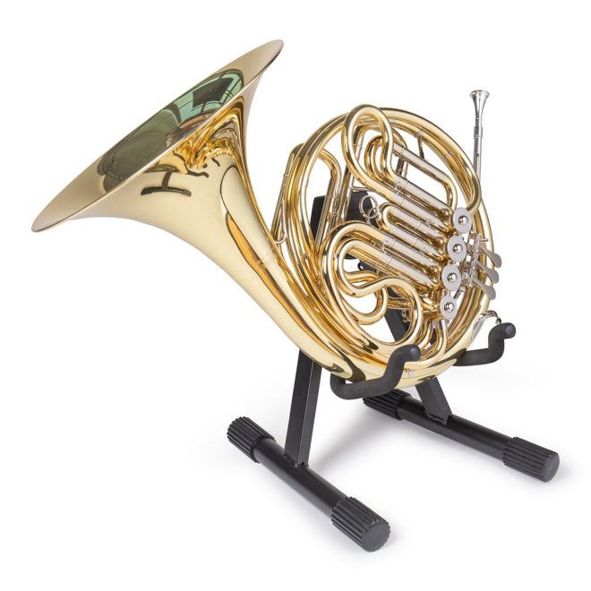 black gator A frame stand for standard size french horn front view holding gold instrument