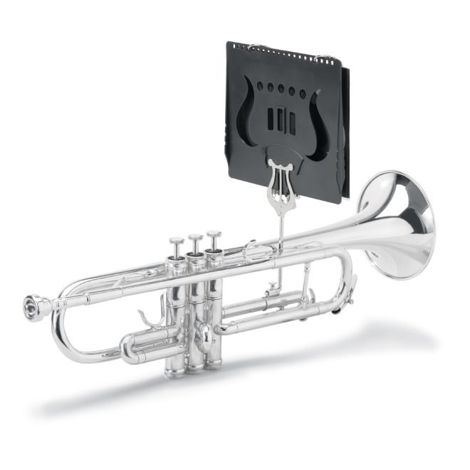 silver trumpet lyre with folio folder attached to trumpet