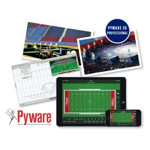 pyware floor cover plug in software with snapshots of usage. 1. sample pictures of floor covers used in gyms one black with color swirled lines and one with galaxy pattern. 2. desktop with black and red gridded football field and band members placed in pattern. 3. tablet and phone with sample football field