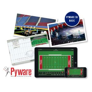pyware floor cover plug in software with snapshots of usage. 1. sample pictures of floor covers used in gyms one black with color swirled lines and one with galaxy pattern. 2. desktop with black and red gridded football field and band members placed in pattern. 3. tablet and phone with sample football field