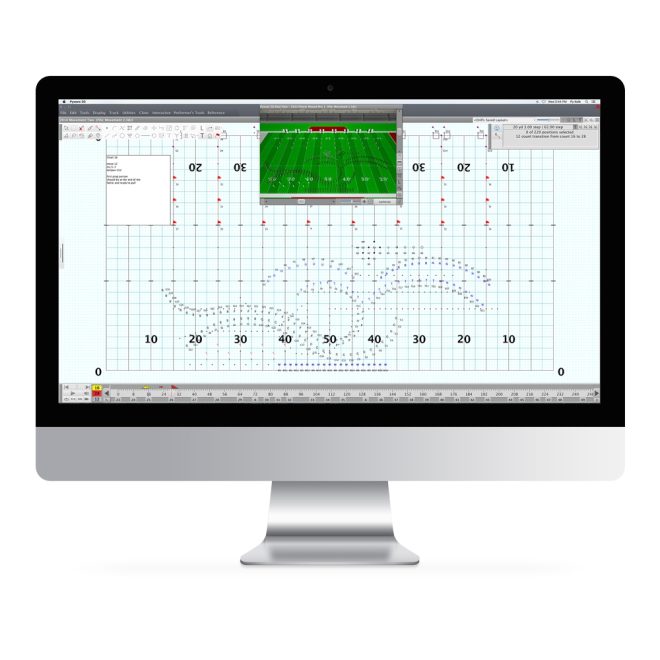 pyware floor cover plug in software on desktop with black and red gridded football field and band members placed in pattern with smaller version of how it will look on football field