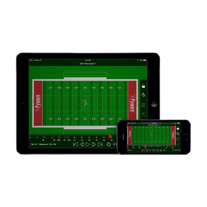 pyware floor cover plug in software shown on tablet and phone with sample football field