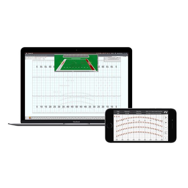 pyware floor cover plug in software on laptop and phone with black and red gridded football field and band members placed in pattern with smaller version of how it will look on football field