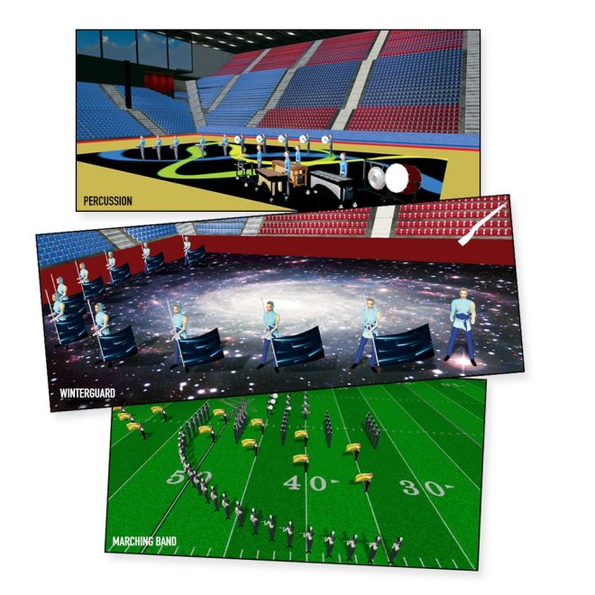 pyware floor cover plug in software with 3 mock up pictures. 1. percussion inside gym with black floor cover with green, yellow, and blue swirling lines. 2. winterguard inside gym with galaxy floor cover with performers in blue uniforms holding galaxy flags. 3. marching band on football field holding yellow flags