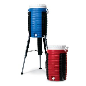 royal water cooler with legs extended and red water cooler sitting beside