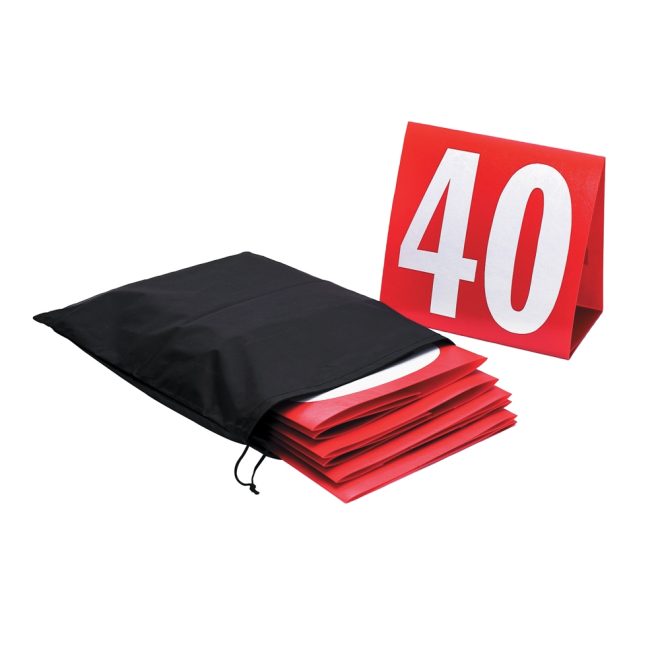 red yardline field markers in black bag with one standing reading 40