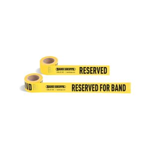 yellow reserved for band flagging tape roll partially unrolled with band shoppe logo and yellow reserved flagging tape roll partially unrolled with band shoppe logo