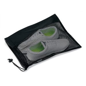 black mesh shoe bag filled with white shoes