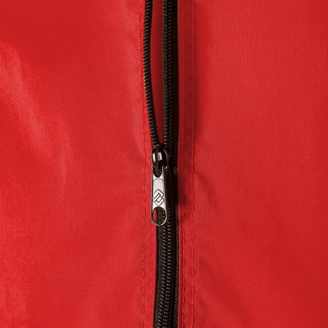 red deluxe garment bag close up of zipper