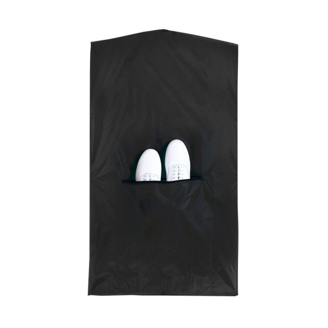 black nylon garment bag with white shoes