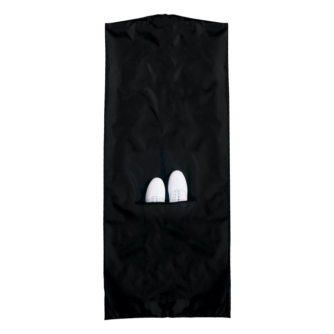 black nylon garment bag with white shoes