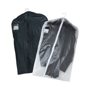 black and clear options vinyl garment bag with black uniform inside