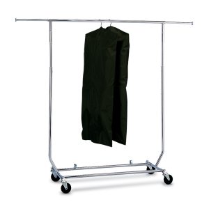 rolling uniform rack with uniforms hanging