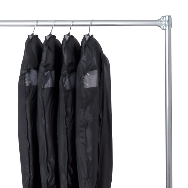 split tier z-rack with uniforms hanging