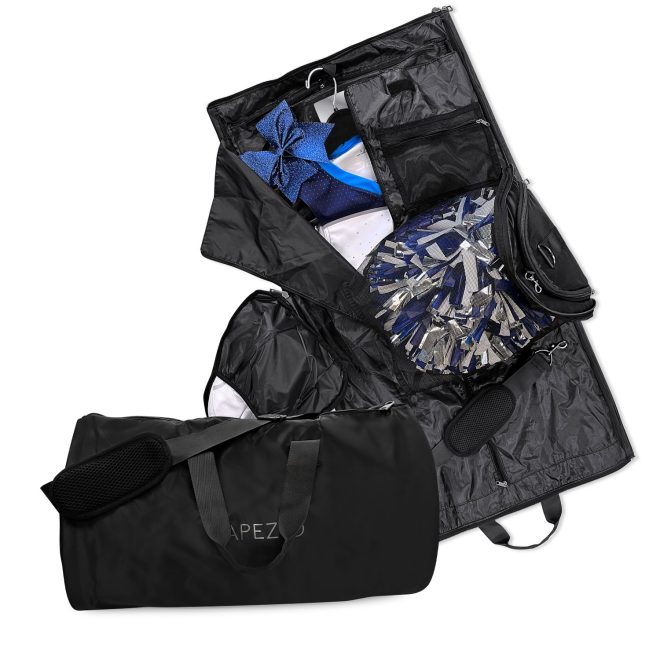 black capezio garment duffle bag zipped up and unzipped filled with gear