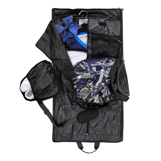 black capezio garment duffle bag filled with gear unzipped