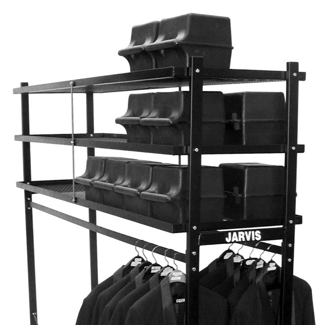 jarvis uniform hat mover with jackets hung and hats