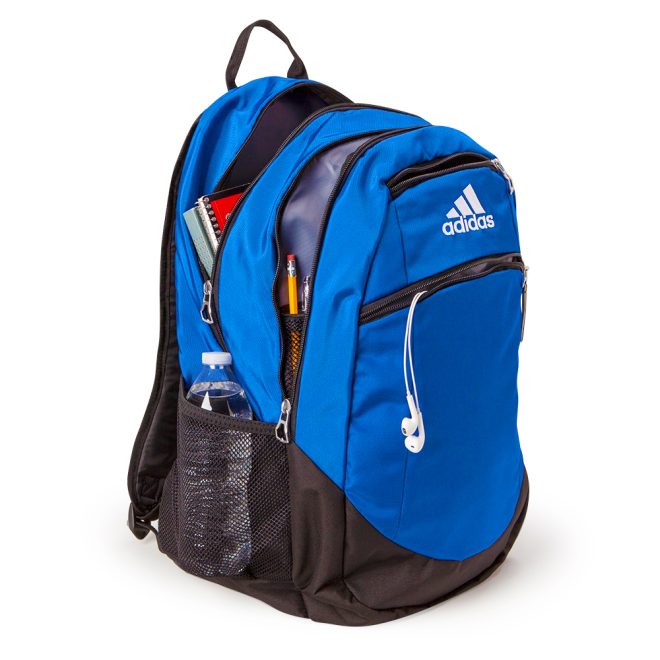 bold blue adidas striker 2 team backpack front view with pockets unzipped filled with school essentials