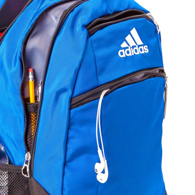 bold blue adidas striker 2 team backpack front view with pockets unzipped filled with school essentials
