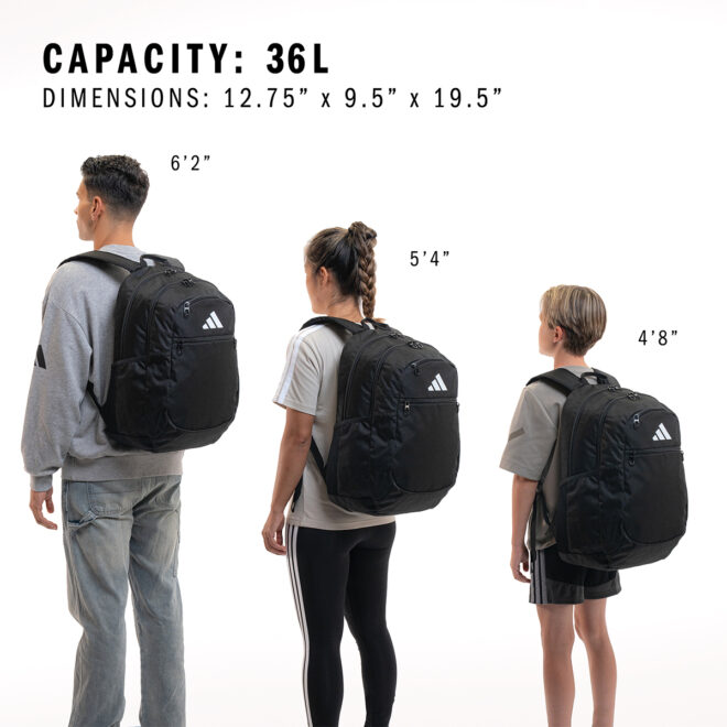 black adidas striker 3 backpack, back three-quarters view with models for size comparison