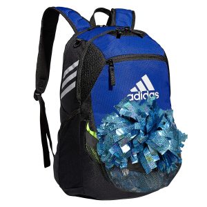 bold blue adidas stadium 3 backpack front view with bottom pocket unzipped with columbia poms