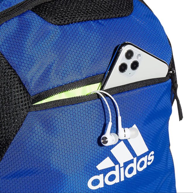 bold blue adidas stadium 3 backpack front view close up of small front pocket holding phone and earbuds