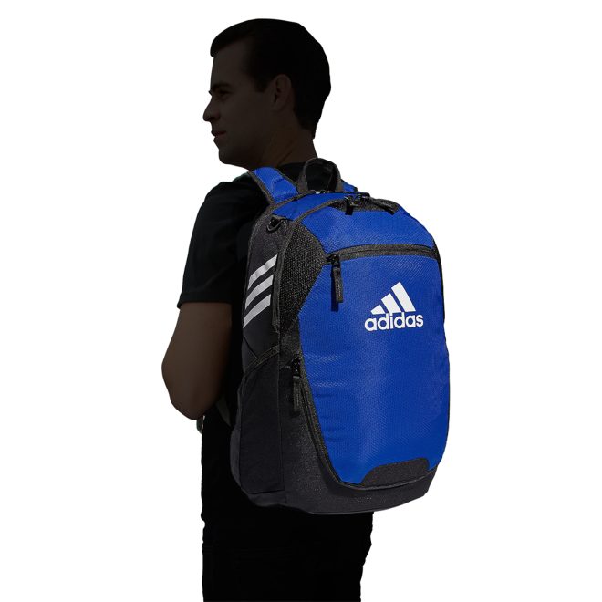 bold blue adidas stadium 3 backpack worn on back