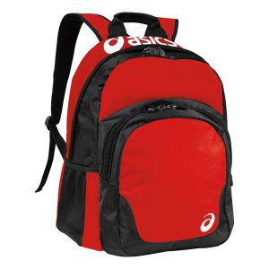 red and black asics team backpack front view